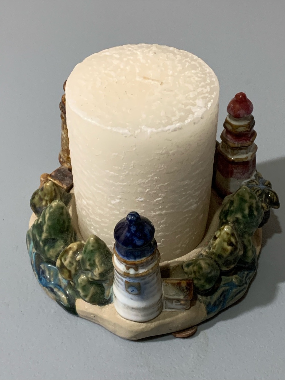 Kohl's Ceramic Lighthouse Candle Holder with Cream Pillar